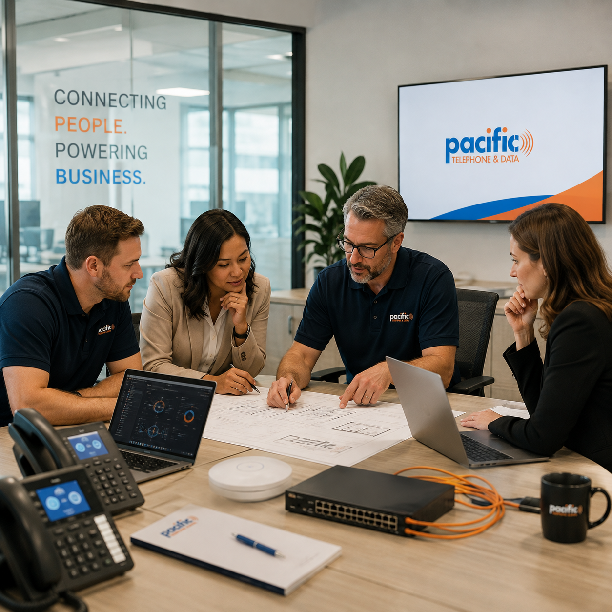 Pacific Telephone & Data business technology team planning a customer project